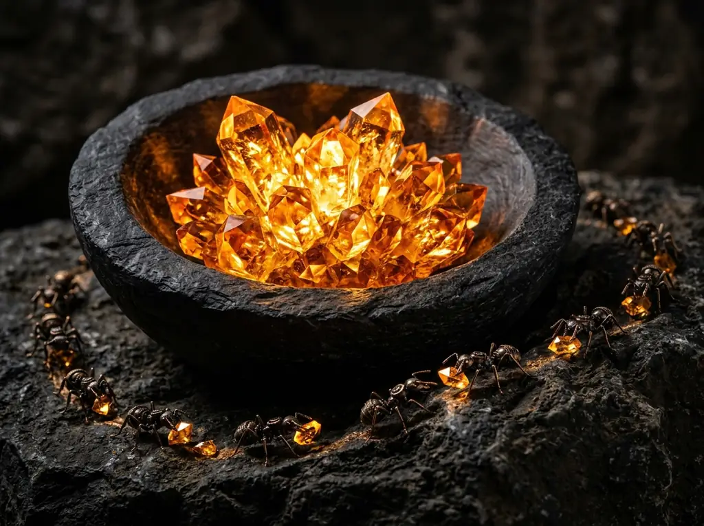 Glowing amber Sun-Crystals in a brass holder