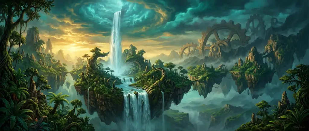 Lush prehistoric jungle canopy with ancient stone gears
