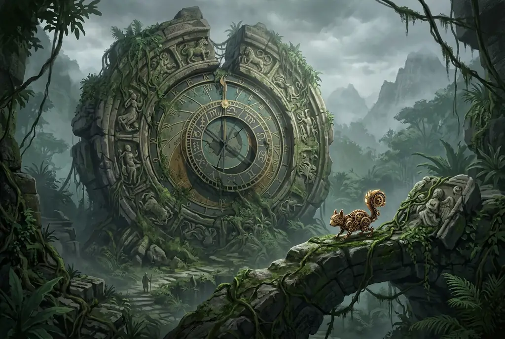 Intricate mechanical ruins covered in jungle vines
